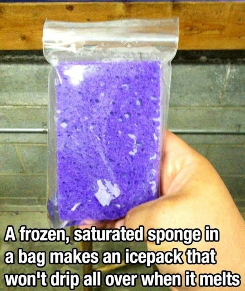 A frozen, saturated sponge in a bag makes an icepack that won't drip all over when it melts