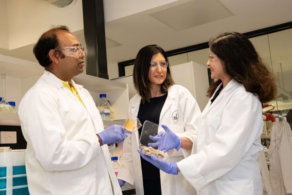 PhD candidate Abu Naser Md Ahsanul Haque (left), Dr. Maryam Naebe and associate research fellow Dr. Rechana Remadevi, with samples of the bioplastic