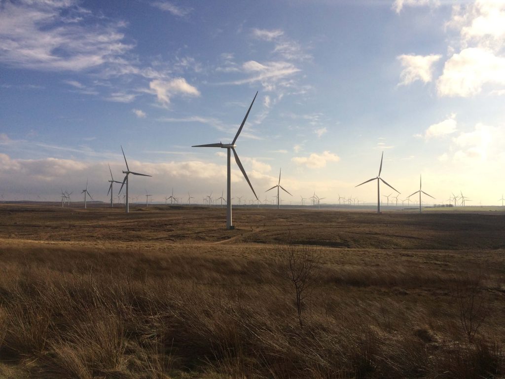 Wind turbines renewable energy in prairie in Scotland