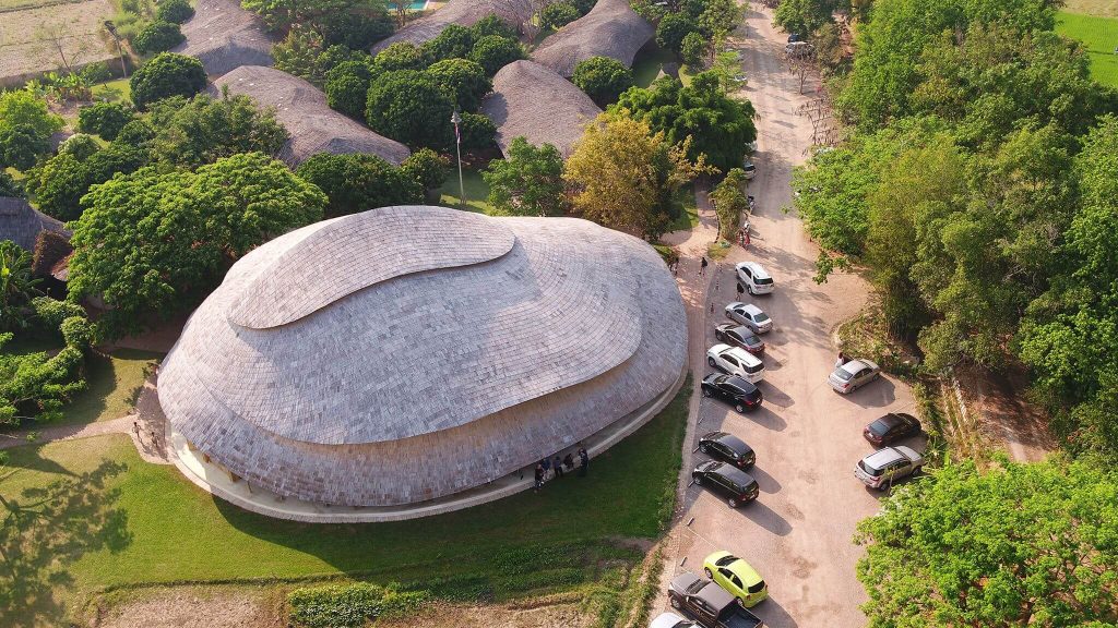 Earthquake-proof bamboo sports center from above