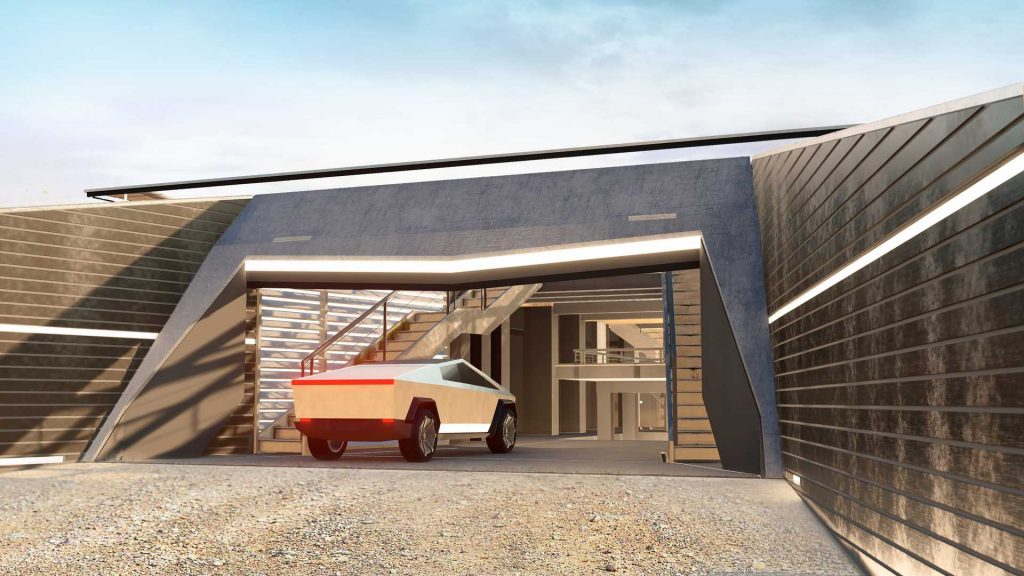 Concept Cyberhouse, built to accommodate the Tesla Cybertruck.