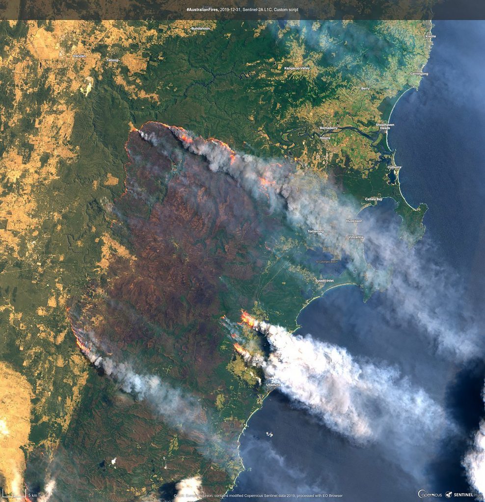 In this satellite image released by Copernicus Sentinel Imagery, 2020 twitter page acquired Dec. 31, 2019, shows the Clyde Mountain Fire, 200 kms. (124 miles) south of Sydney, Australia
