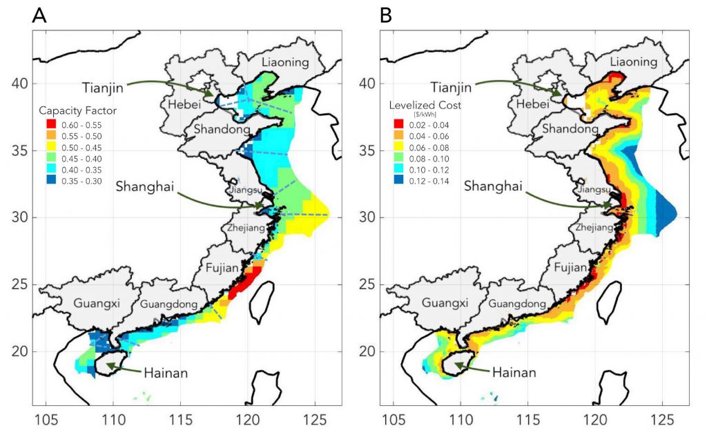  Coastal provinces are colored grey. The dashed blue lines denote offshore wind areas that are in closest proximity to particular provinces. Note the different color bar limits in (A) and (B).