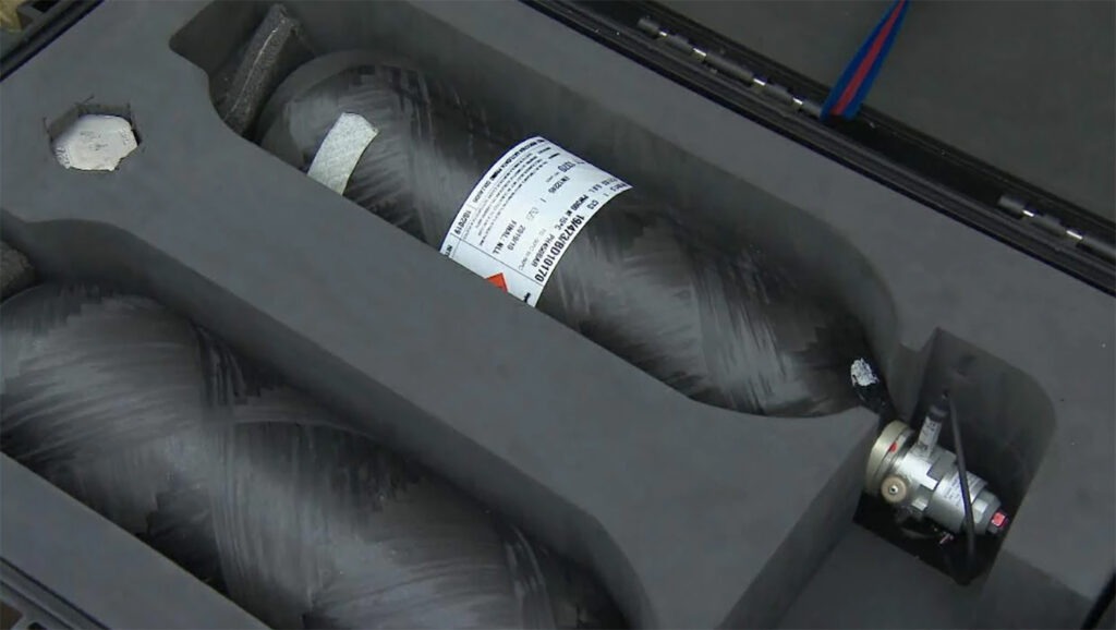 The 300-bar, 6.8-liter carbon composite hydrogen cylinder used to feed the fuel cell