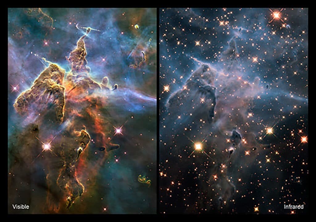 Images by Hubble show a comparison between the Carina Nebula in visible light (left) and infrared (right). In the infrared image, more stars are visible that were hidden by gas clouds