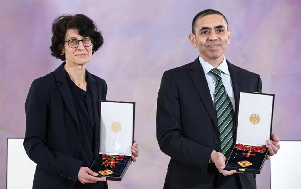 On March 19, 2021, Ozlem Tureci and her husband Ugur Sahin stand during the award of the Grand Cross of Merit with Star of the Order of Merit of the Federal Republic of Germany by President Steinmeier at Bellevue Palace in Berlin, Germany.