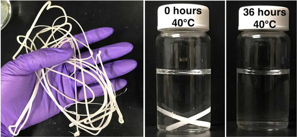 A PCL that is melt-extruded (polycaprolactone) plastic filament (left) with embedded nanoclusters regarding the enzyme lipase enshrouded with RHP degraded nearly totally into small particles within 36 hours in warm (104 F) water.