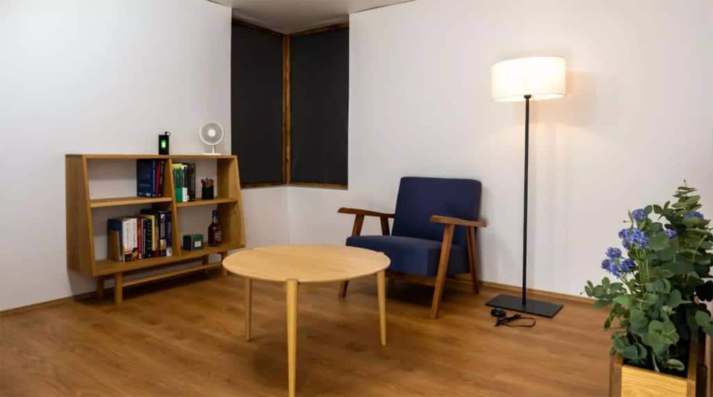 Pictured here is the finished wireless charging room, located at The University of Tokyo. The system is demonstrated feeding energy wirelessly to the bulb in the lamp, fan, and the device on the bookshelf