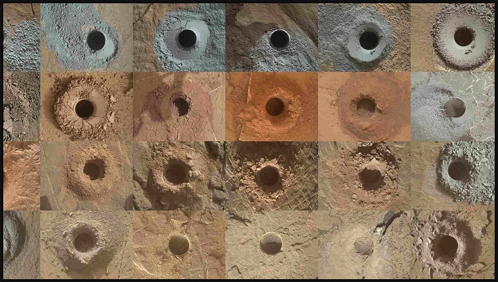 This grid displays each of the 36 holes that NASA's Curiosity Mars rover dug using the drill attached to its robotic arm.