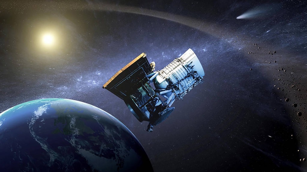 This graphic depicts the Wide-field Infrared Survey Explorer (WISE) spacecraft in Earth orbit. The WISE mission ended in 2011, but the spacecraft was reconfigured in 2013 to look for and investigate asteroids and other near-Earth objects (NEOs). The spacecraft and mission were given the new name NEOWISE.