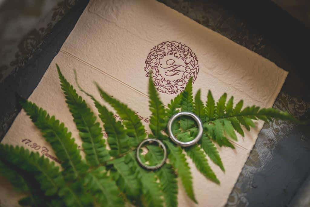 wedding rings with plant leaf over an invitation