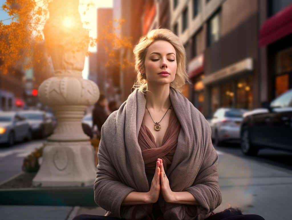 woman meditating in city on busy sidewalk