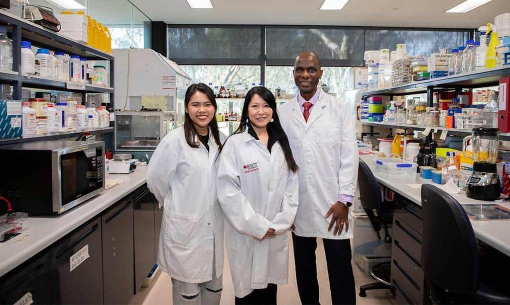 The research team: (l-r) Nattanan (Becky) Chulikavit, Tien Huynh and Everson Kandare in their lab at RMIT's Bundoora campus