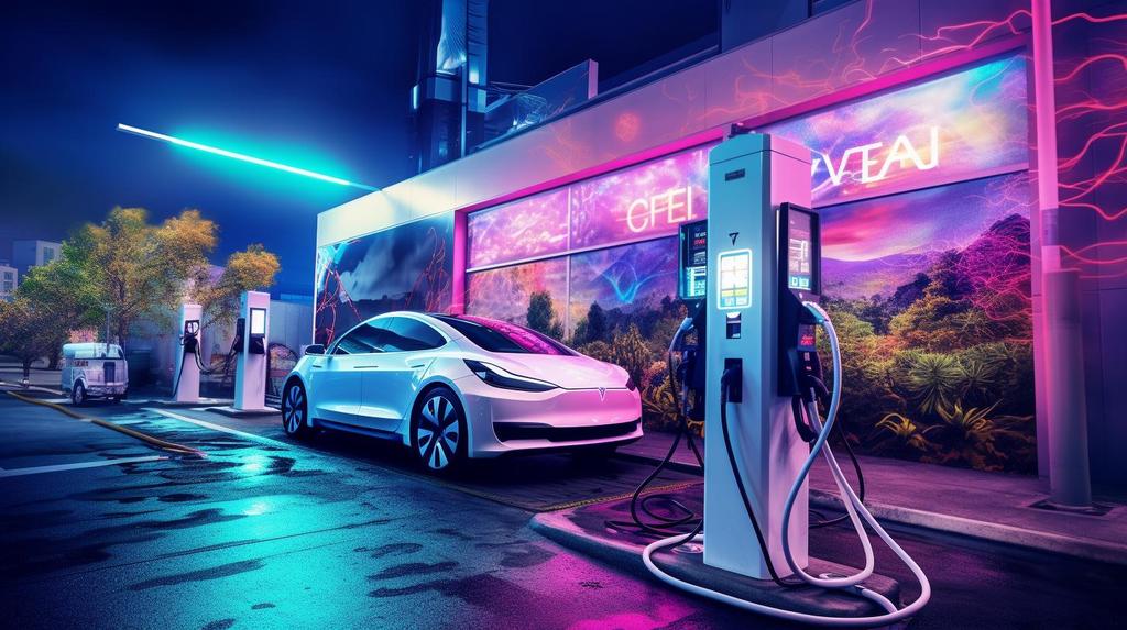 cyberpunk style render of EV car at charging station