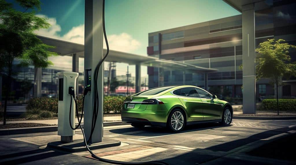 render of electric car in parking lot with EV charger
