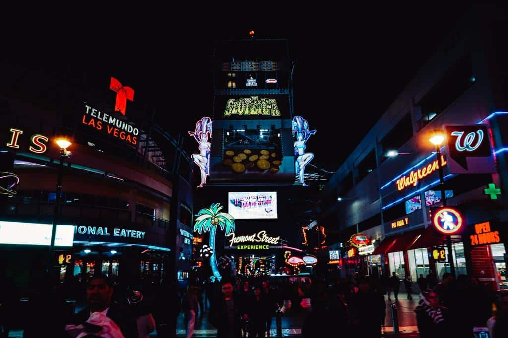 las vegas buildings lit at night