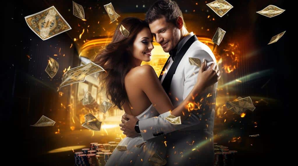 render of couple in embrace surrounded by gambling imagery