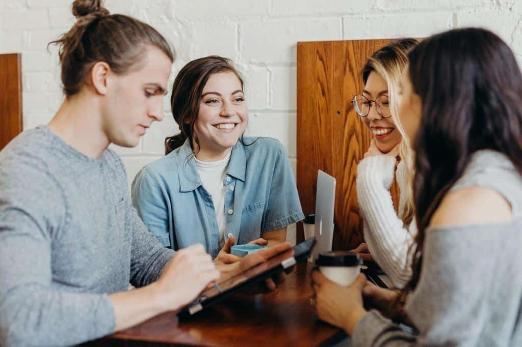 women talking about business