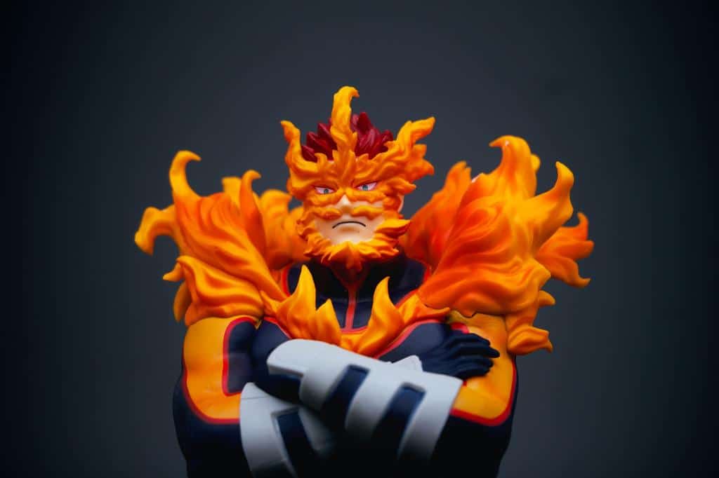 cartoonish flaming action figure render