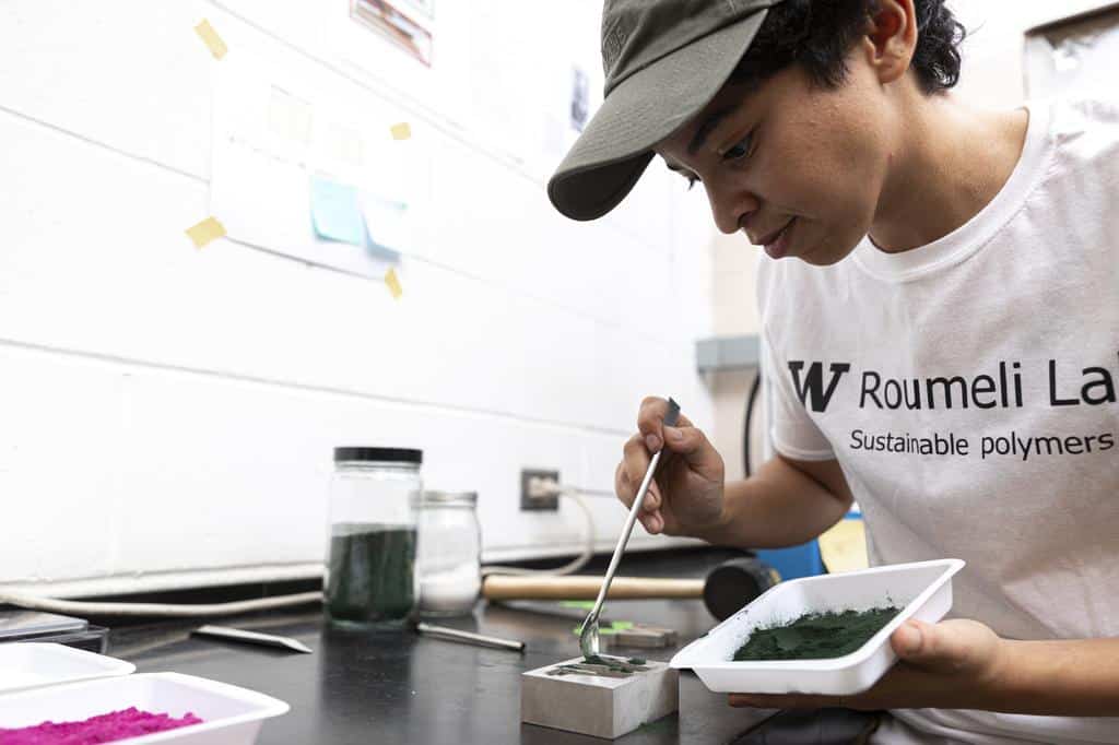 University of Washington materials science and engineering doctoral student, Mallory Parker, carefully adds spirulina powder to a mold in the shape of the university's logo. This mold will be placed in a hot-press, creating a plastic piece in the unique shape of the UW logo.