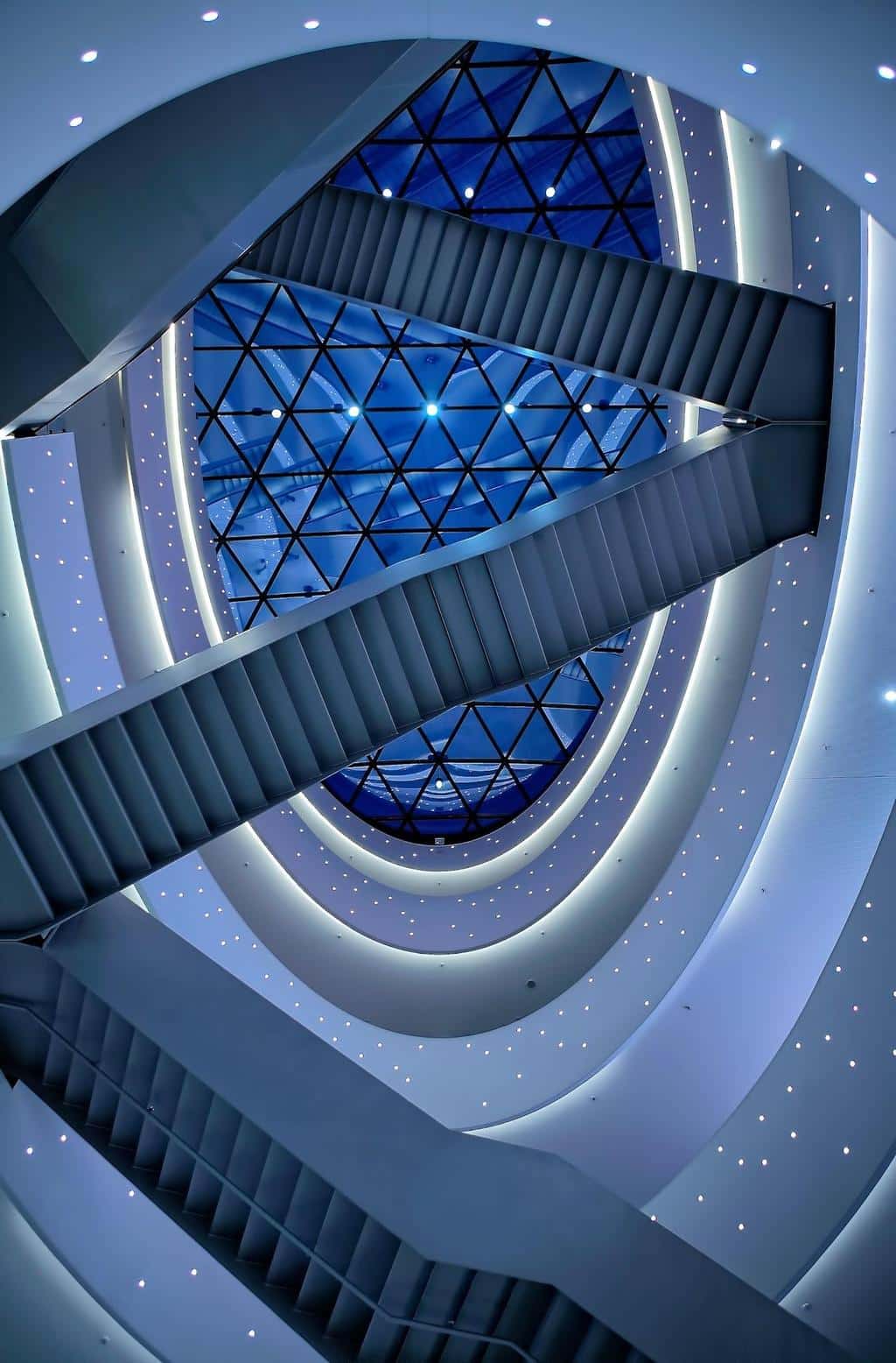 interior of commercial building looking upward at roof
