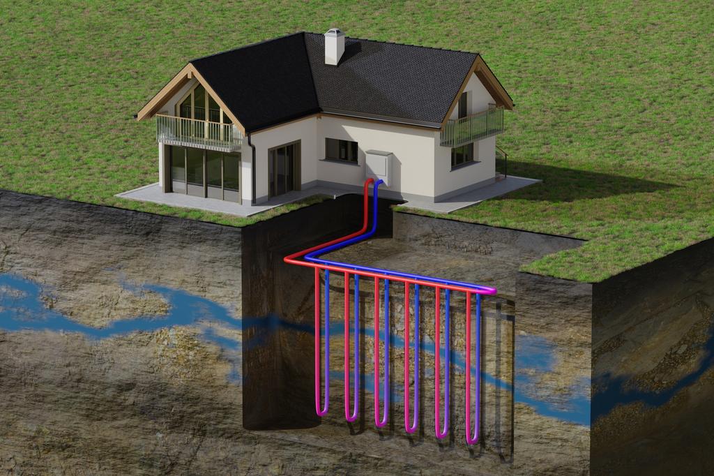diagram of home with vertically dug geothermal heat pump pipes