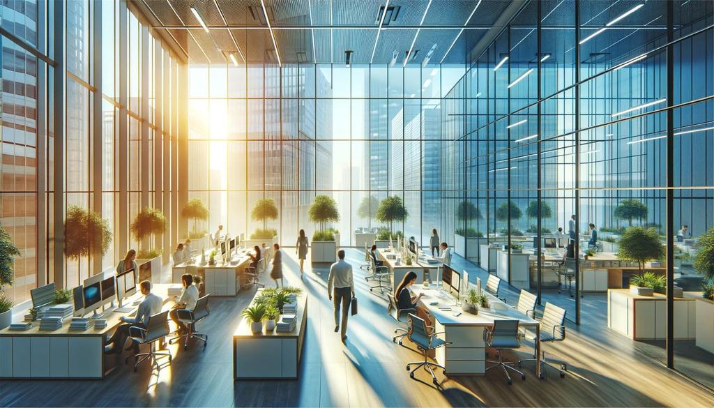 office full of workers using glass partitions