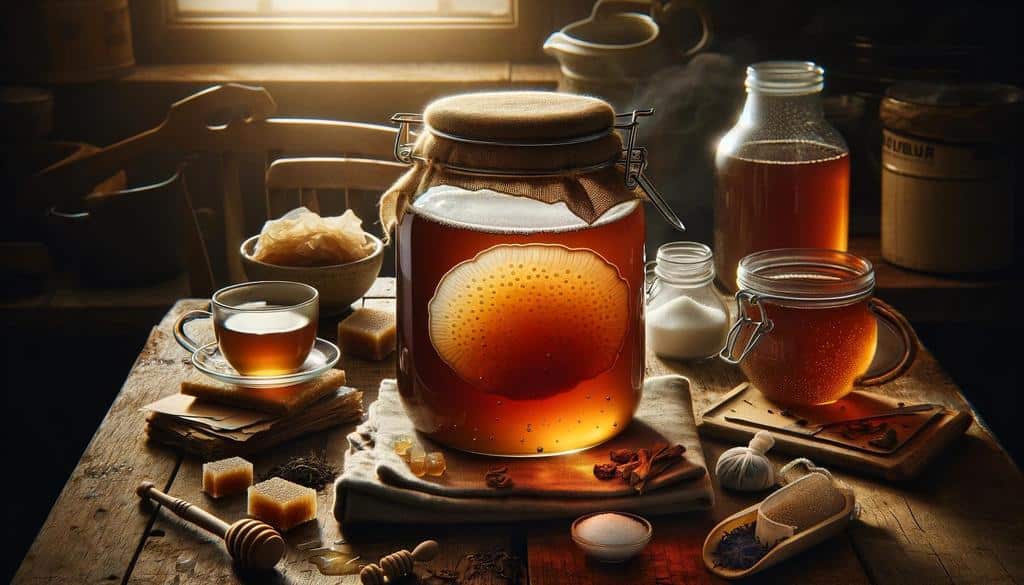 This tangy, effervescent drink is made from sweetened tea fermented with a symbiotic culture of bacteria and yeast (SCOBY).