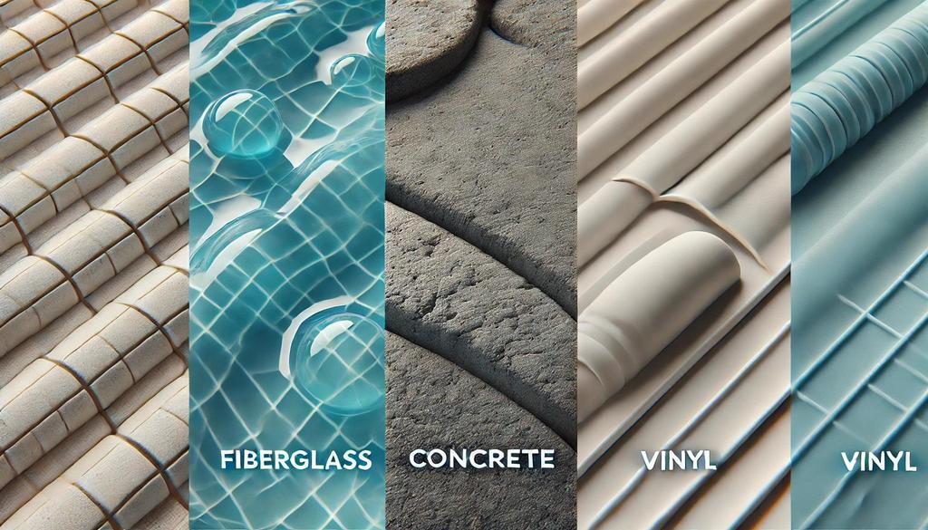 Swimming pools are commonly constructed using fiberglass composite, vinyl, and concrete.
