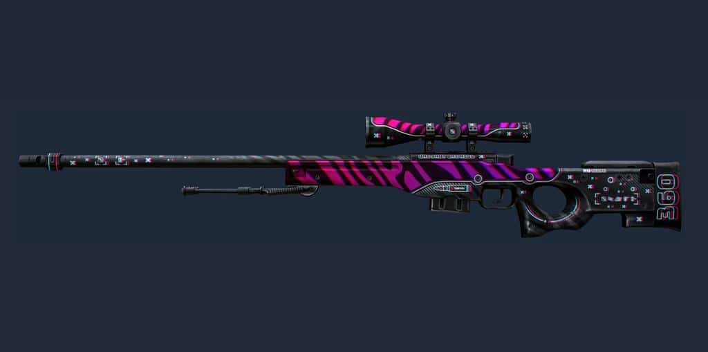 This rifle stands out due to its unique and striking design. The sight and barrel feature a pink and purple pattern reminiscent of zebra stripes.