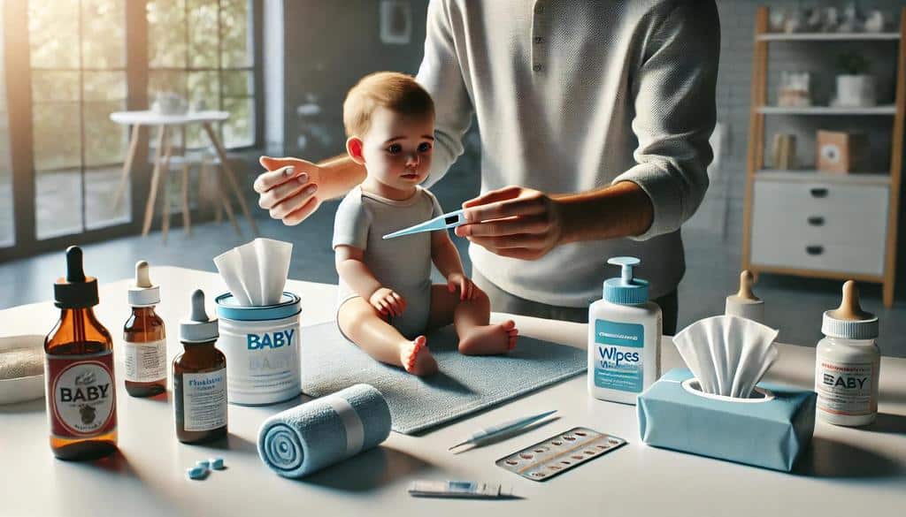 A well-stocked baby first aid kit equips you with items like a thermometer, fever-reducing medications, saline nasal drops, allergen-free antihistamines, and topical ointments to alleviate discomfort.