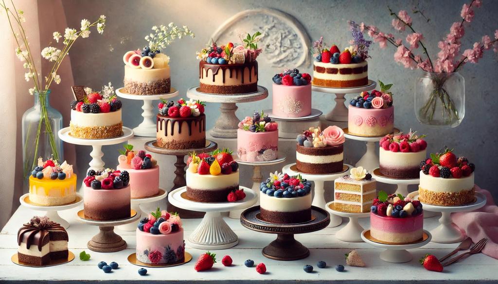 A diverse selection of mini vegan cakes is available in various flavors and styles, catering to different tastes and preferences.
