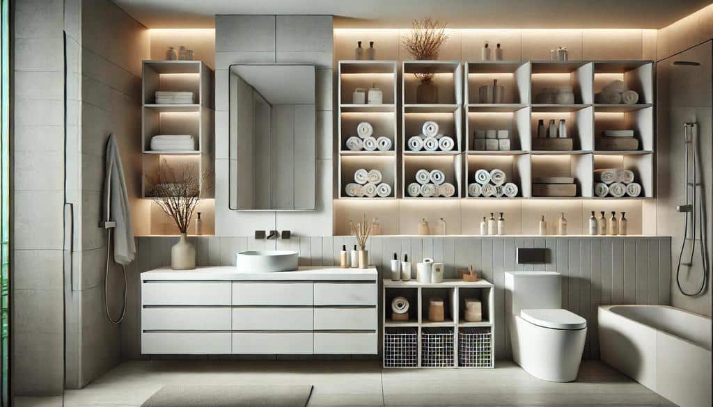 A modern bathroom should be clutter-free; smart storage solutions are key to achieving this.