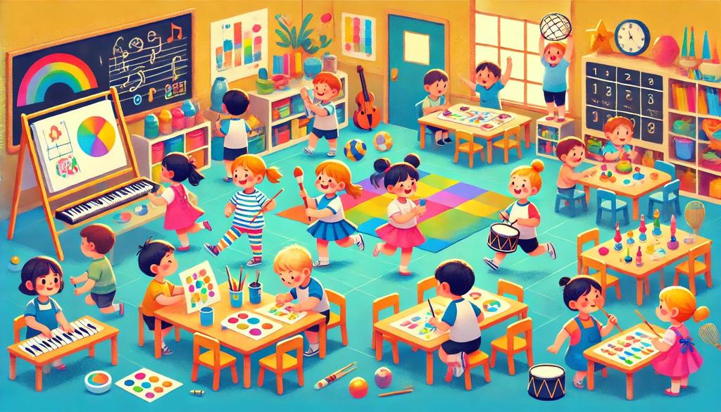 Although the kindergarten curriculum mostly consists of academic courses and social-emotional learning, schools also stress creative and physical development via means:
