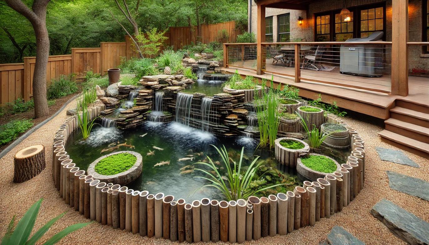 Water features such as fish ponds, deer scares, and fountains can enhance the aesthetics of a relaxing backyard.