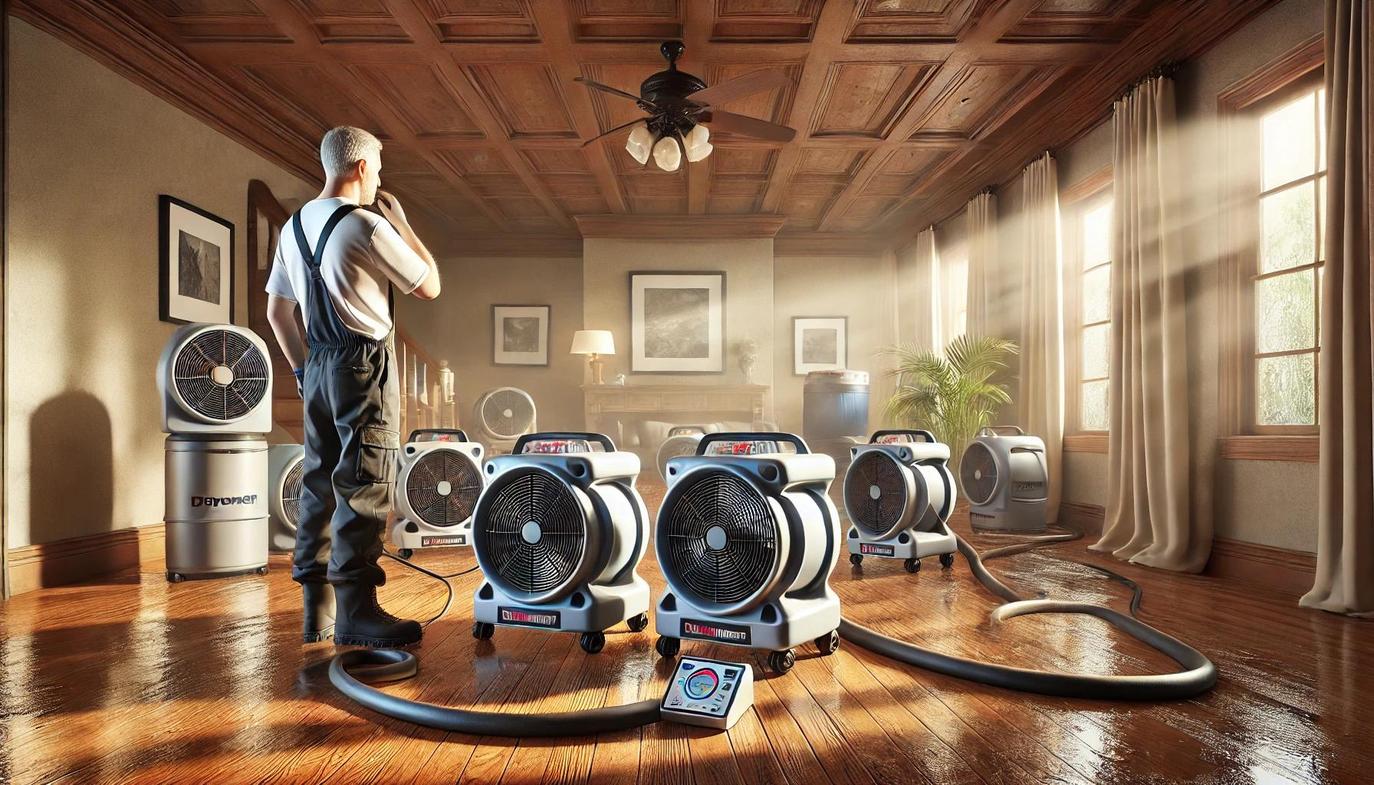 Restoration professionals bring in high-powered air movers and industrial dehumidifiers to evaporate any remaining water.