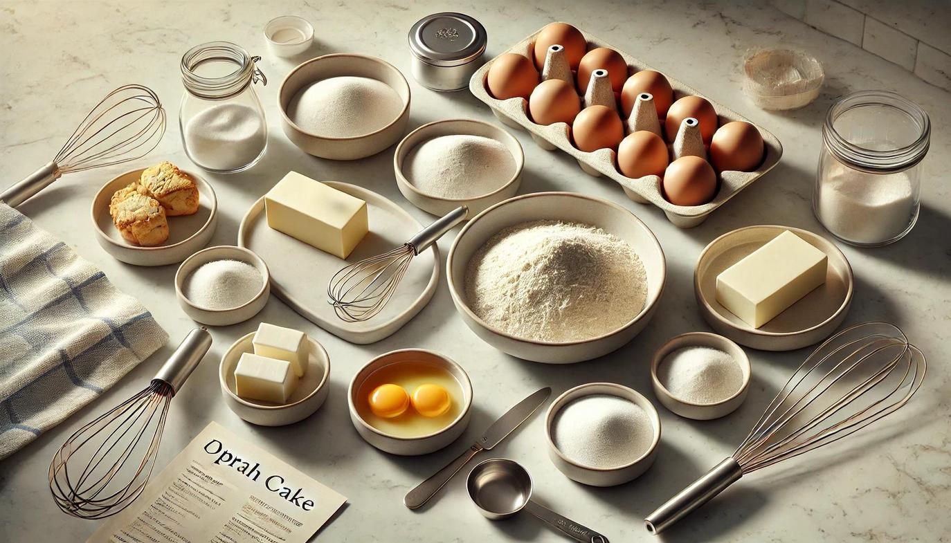 For the Oprah Cake, the required ingredients are flour, sugar, butter, eggs, and vanilla extract