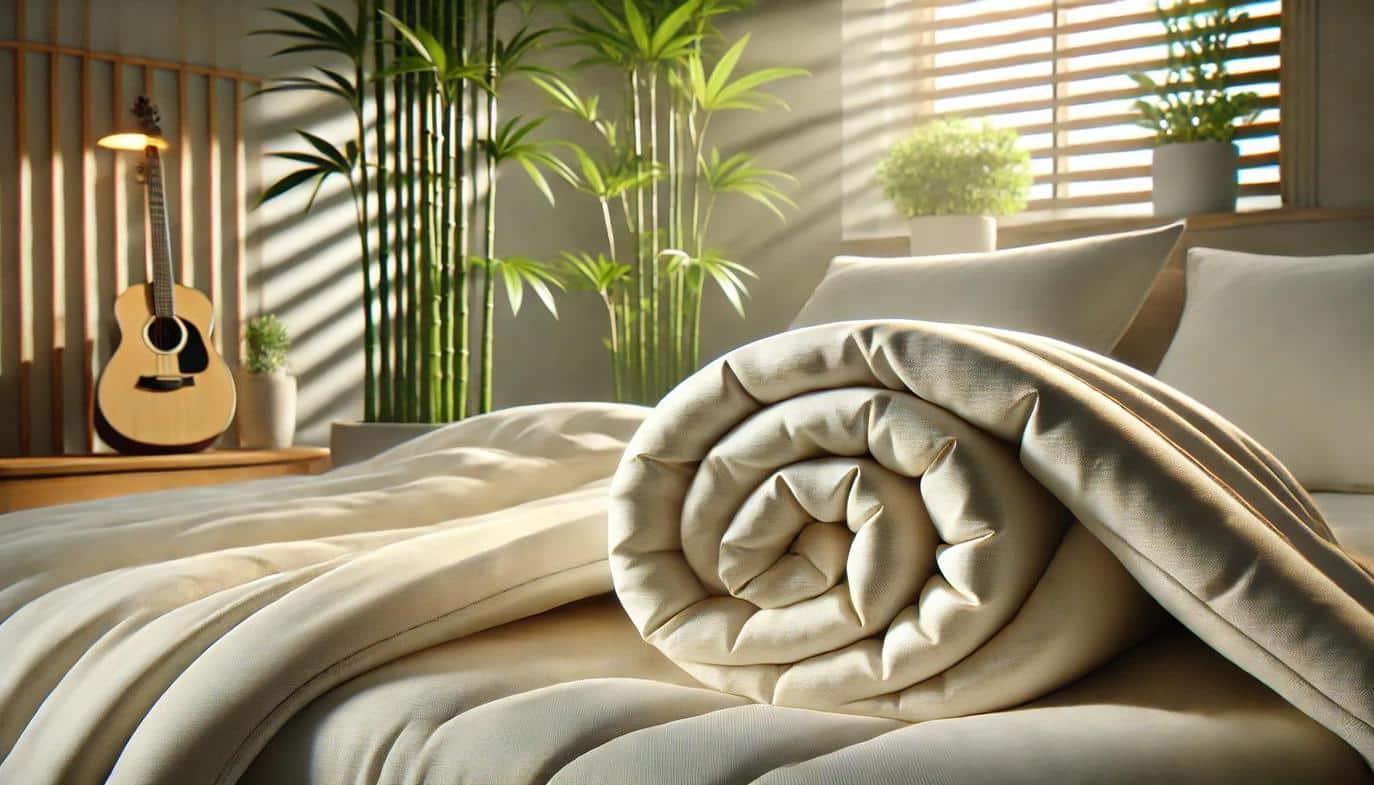 An organic bamboo comforter is crafted from bamboo fibers, celebrated for their sustainable and natural properties.