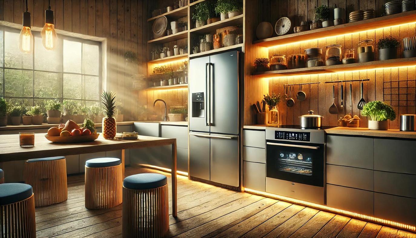 Smart refrigerators like the Samsung 4-Door Flex with AI Family Hub+ use AI-powered cameras and energy-optimized cooling cycles to reduce power consumption and keep groceries fresher for longer.