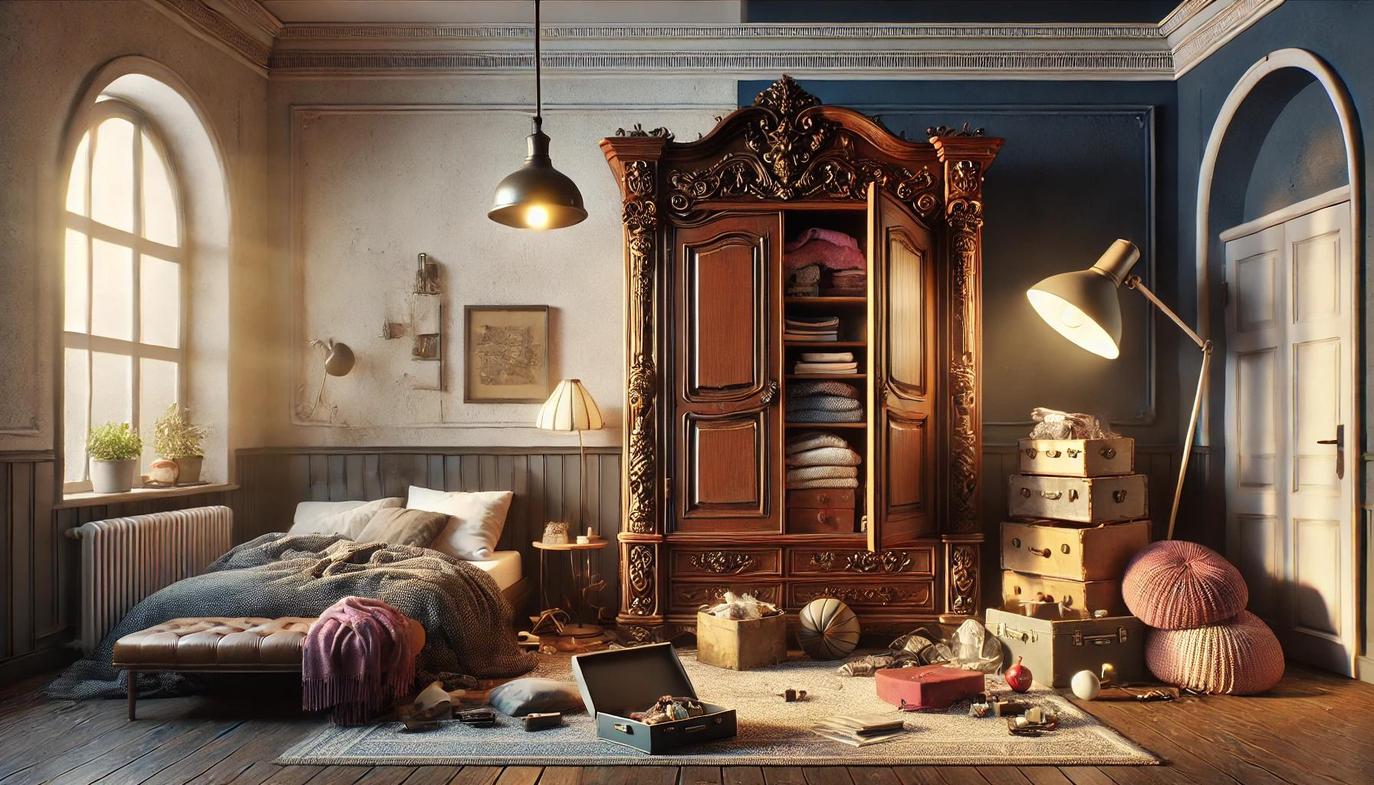 Vintage side tables or a wrought iron bed frame can sit beautifully alongside modern linen bedding and minimalist wardrobes.