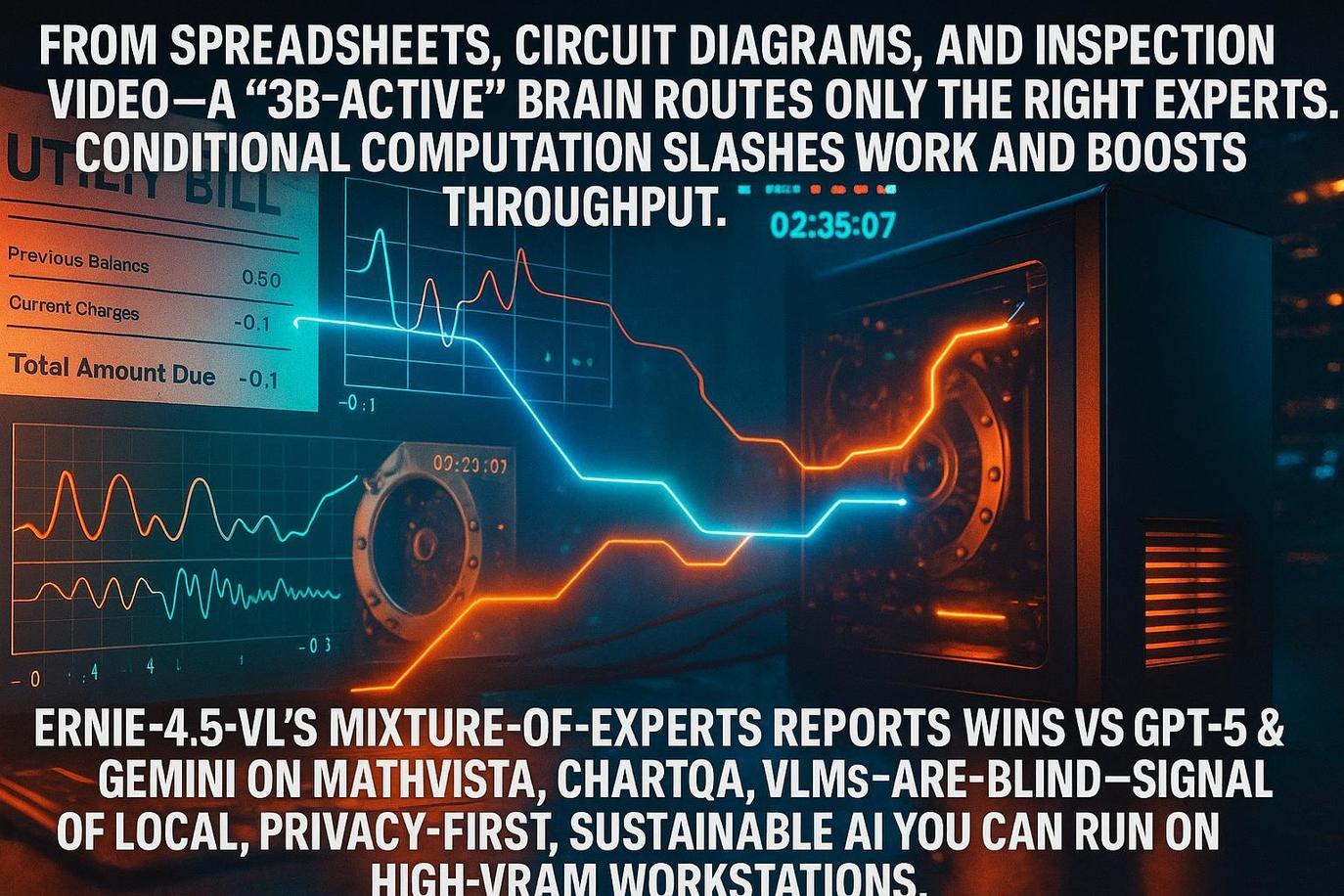 ERNIE-4.5-VL-28B-A3B-Thinking combines a vision-language encoder-decoder stack with mixture of expert layers, so only about 3 billion parameters are active at a time, even though the family spans roughly 28–30 billion.