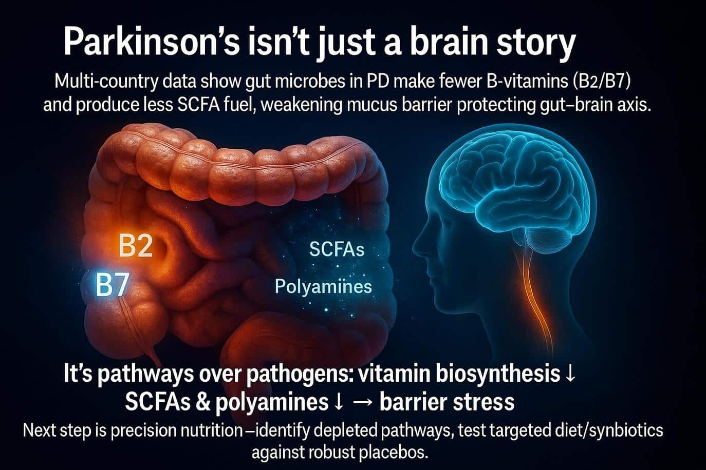 Multiple international cohorts show reduced microbial genes for riboflavin and biotin biosynthesis in Parkinson's, documented in npj Parkinson's Disease, along with lower short-chain fatty acids and polyamines.
