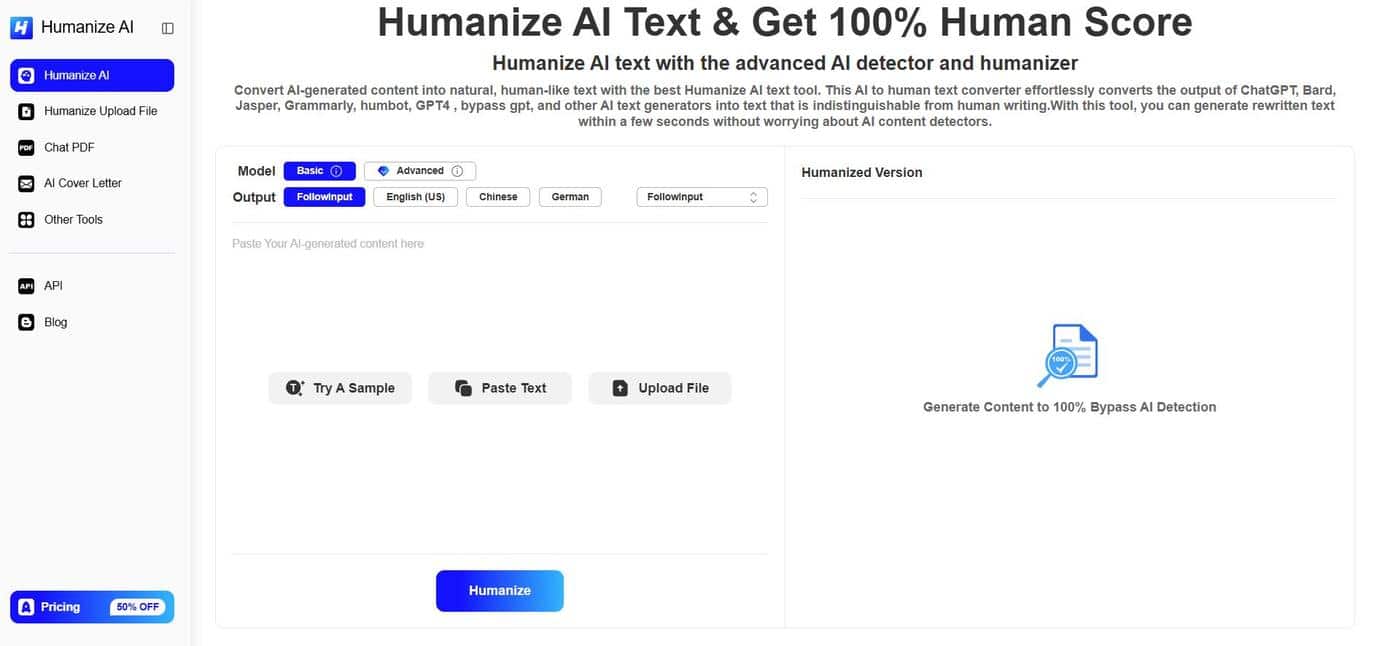 Humanize AI: Bypass AI Detection and Humanize AI-generated Text 100%
