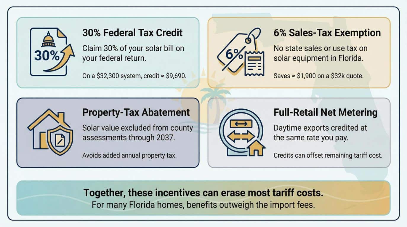 For a mid-size array, net metering often delivers several hundred dollars in annual value, easily offsetting the remaining tariff cost.
