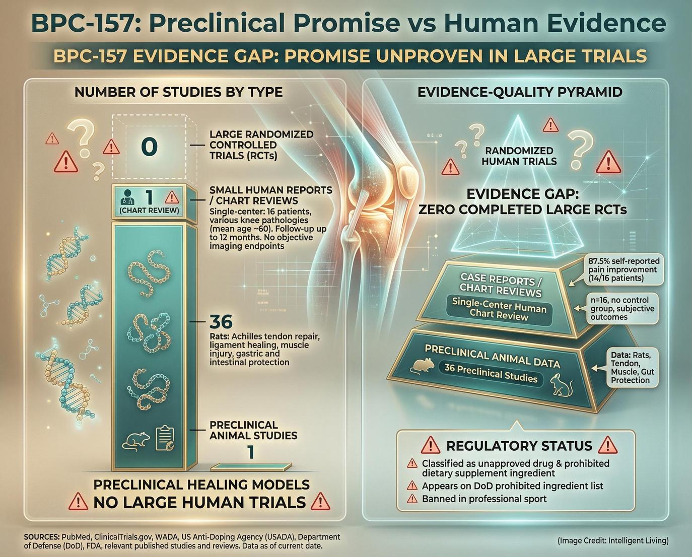 BPC-157 relies on a narrative built more on animal repair models and anecdotal enthusiasm than clinical proof.