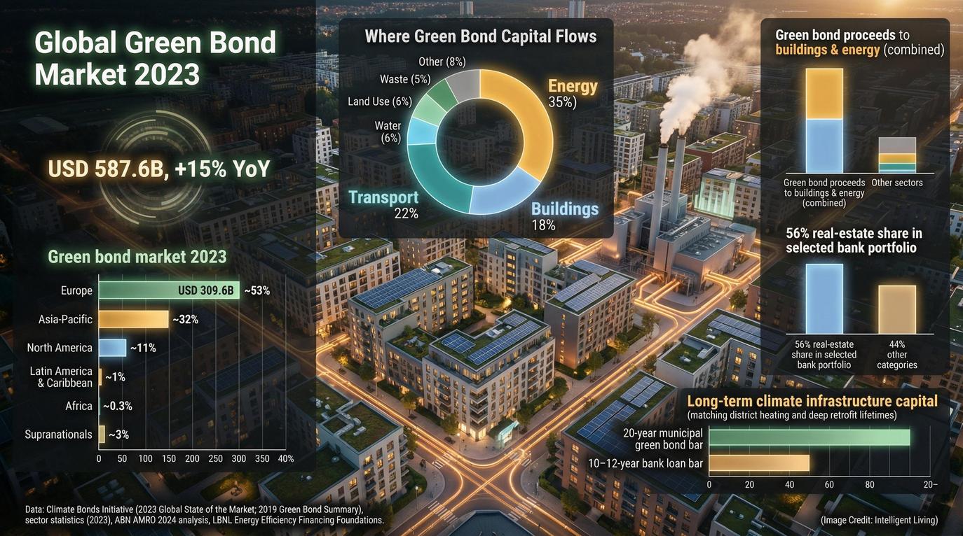 Green bonds typically secure the backbone lane for net-zero neighborhoods, providing a transparent use-of-proceeds structure for district heating networks, centralized energy facilities, and large-scale public retrofits.