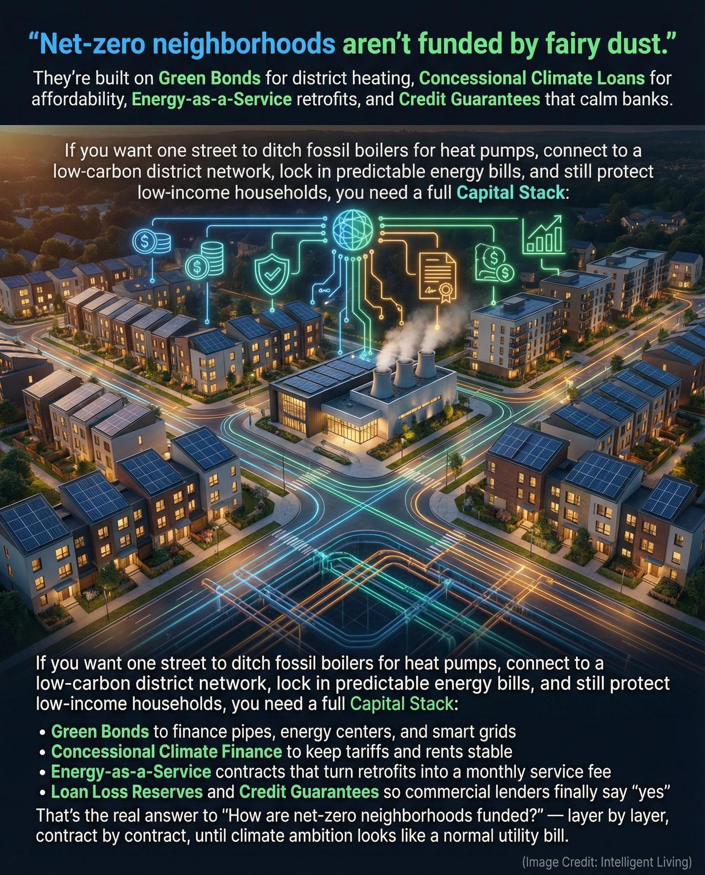 Net-zero neighborhood financing integrates public and private capital to decarbonize entire residential districts simultaneously.