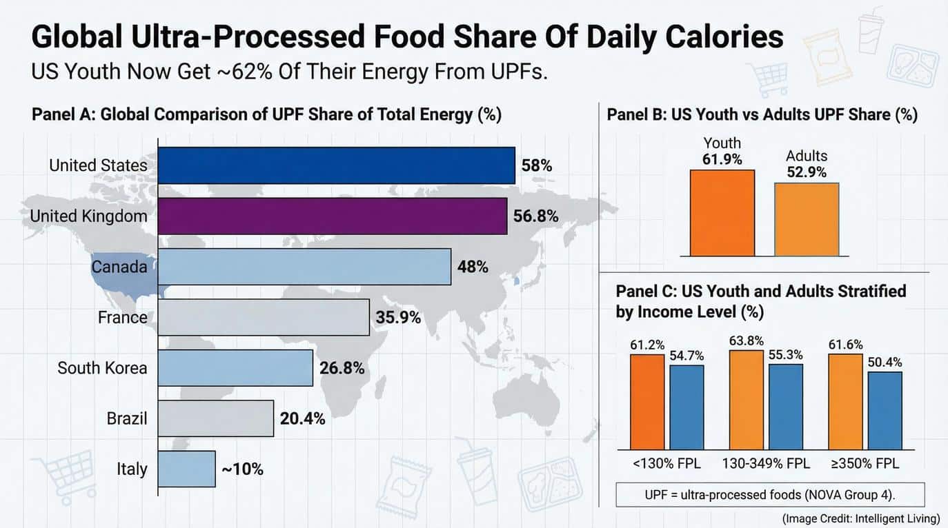 Ultra-processed foods account for roughly 55 percent of daily calories in the United States, with youth averaging nearly 62 percent of their intake from these industrial sources according to the CDC's National Center for Health Statistics.