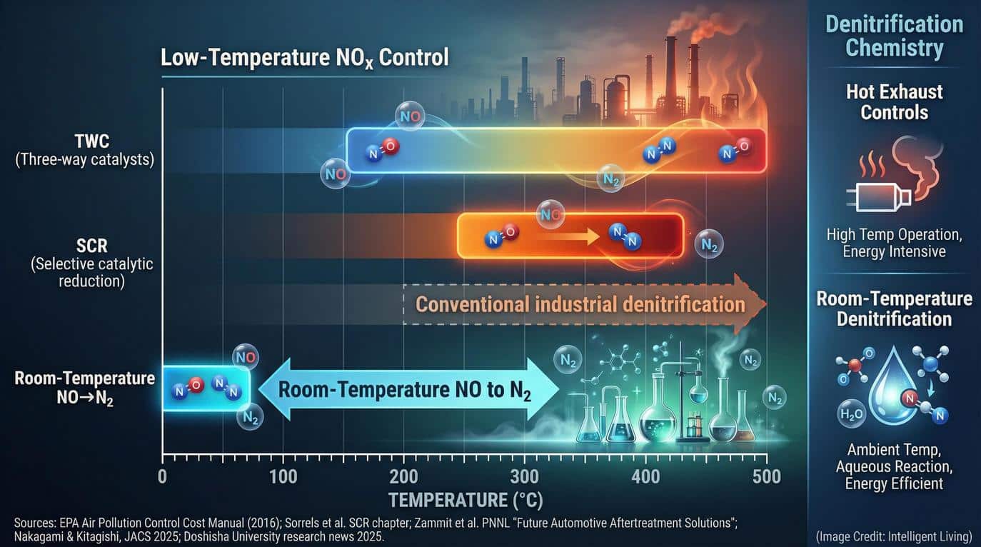 the reaction uses a cleverly designed iron environment and a simple amino acid to grab nitric oxide out of the liquid and stitch two nitrogen atoms back together so they can leave as stable nitrogen gas.