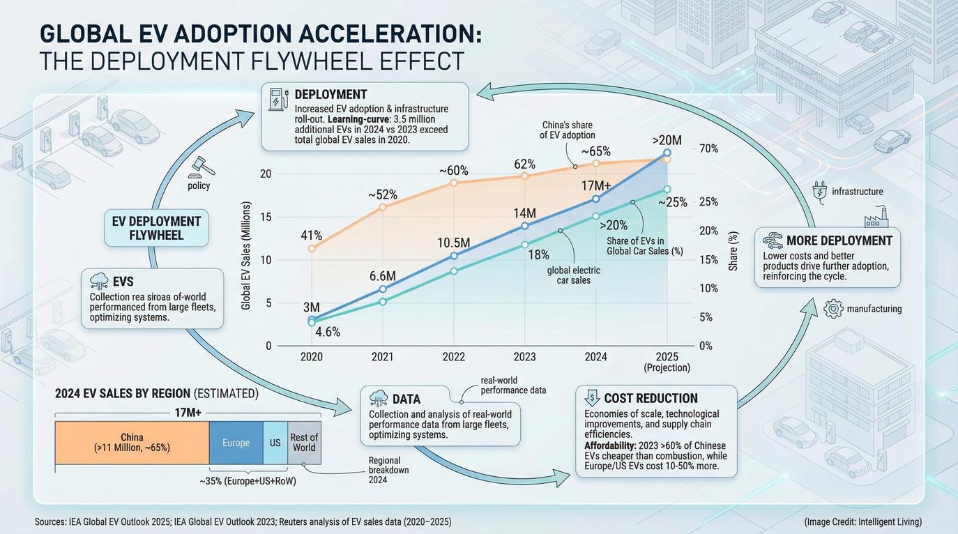 Solar photovoltaics, batteries, and electric vehicles see cost declines and reliability gains because thousands of incremental changes are absorbed into the system.